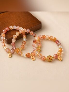 Handmade RedHematoid Quartz Bracelet with 24k GP double side charm, 1 piece